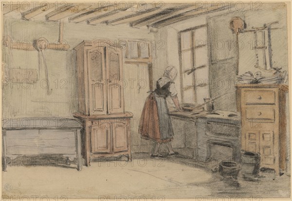 Kitchen with maid, chalk in black, watercolor, mounted, leaf: 19.9 x 29.4 cm, not marked, Benjamin Vautier d. Ä., Morges/Waadt 1829–1898 Düsseldorf