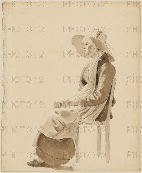 Seated woman with wide-brimmed hat to the left, pencil, washed in brown, leaf: 22.9 x 18.9 cm, Wolfgang Adam Töpffer, Genf 1766–1847 Morillon bei Genf