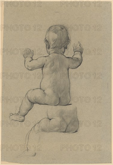 Sitting child act, back view, pencil on gray-blue paper, mounted, leaf: 34.7 x 23.6 cm, not marked, Anselm Feuerbach, Speyer 1829–1880 Venedig