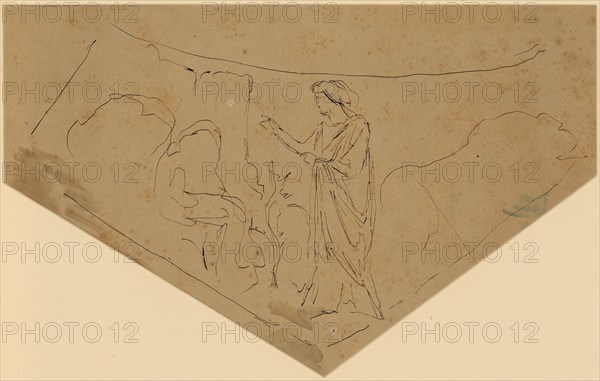 Athena reveals Orest, (1874), pen in brown on brownish paper, mounted, Leaf: 7.4, 15.5 x 24.7 cm (largest mass), Not specified, Anselm Feuerbach, Speyer 1829–1880 Venedig