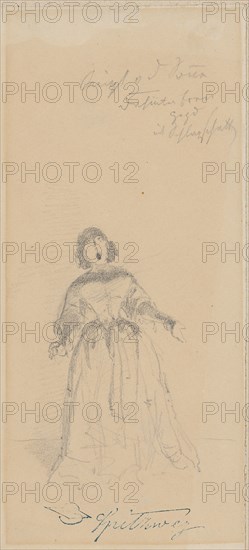 Singer, (c. 1850-1860), pencil, sheet: 17.3 x 8 cm, O. r., inscribed in pencil: s ingt v d sone [n with cross bar above], behind it with blank, pad, with drop shadow, Carl Spitzweg, München 1808–1885 München