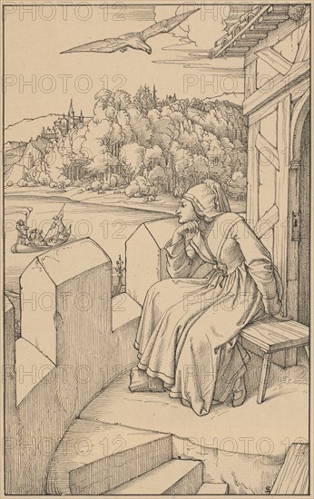 To Brentano's Chronicle of a traveling pupil, pen in black over pencil, Borderline, mounted, sheet: 31.3 x 19.4 cm |, Picture: 30.1 x 18.7 cm, U. r., monogrammed with pen in black next to a wooden board: ES [devoured], Edward Jakob von Steinle, Wien 1810–1886 Frankfurt