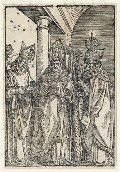 The Holy Bishops Nicholas, Ulrich and Erasmus, around 1505 (print later), woodcut, image: 21.3 x 14.3 cm, U. r., monogrammed on a writing tablet: AD, Albrecht Dürer, Nürnberg 1471–1528 Nürnberg