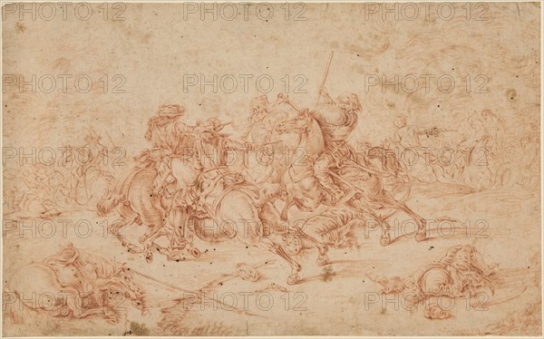 Cavalry battle between the Imperial and the Turks, red chalk, on slightly brownish paper, detached from older mount, laminated, leaf: 19.9 x 32 cm, inscribed on the reverse in pencil: Eisenmann, Georg Philipp Rugendas (1), Augsburg 1666–1742 Augsburg