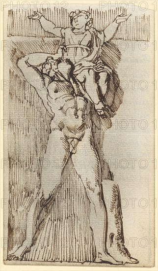 Naked youth, carrying a child in Chlamys with cloak on his left shoulder, 1790/1800, pen in brown, rubbed with pencil, mounted, sheet: 15.6 x 8.7 cm, on the back (translucent): at least 12 lines of handwritten text, Johann Heinrich Füssli, Zürich 1741–1825 Putney Hill b. London