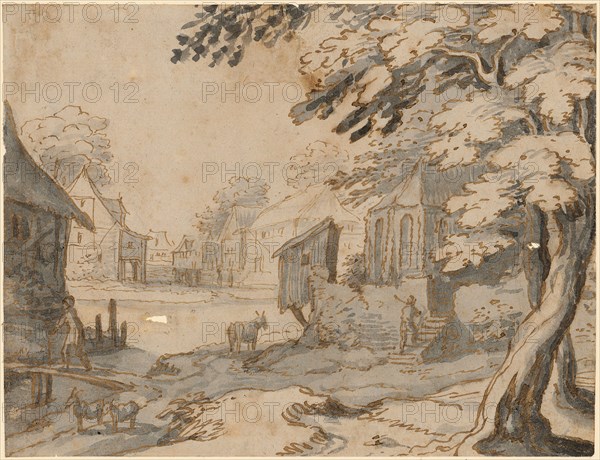 Village landscape with brook and gothic chapel, around 1622, pen in brown, gray wash, above sketch with black pencil, sheet: 11.9 x 15.6 cm, unsigned, Matthäus Merian d. Ä., Basel 1593–1650 Bad Schwalbach