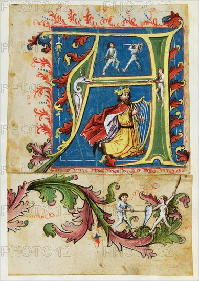 Initial A with the harp playing King David and Wilden people, Fragment of a leaf tendril with duel among savage people, mid 15th c., Cover color on parchment, two originally related leaves, Covered on paper, sheet: 10.1 x 11 cm (initial, largest mass) |, Image: 8.3 x 7.8 cm |, Leaf: 6 x 11 cm (tendril, largest mass), Anonym, Oberrhein (Basel?), 15. Jh.