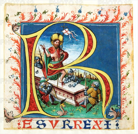 Initial R with the Resurrection of Christ, mid-15th century, cover color on parchment, spread over paper, sheet: 11.1 x 11.5 cm (largest mass) |, Image: 8.5 x 8.8 cm, At the bottom in alternating red and blue majuscules the continuation of the text: [R] esurrexi, Anonym, Oberrhein (Basel?), 15. Jh.
