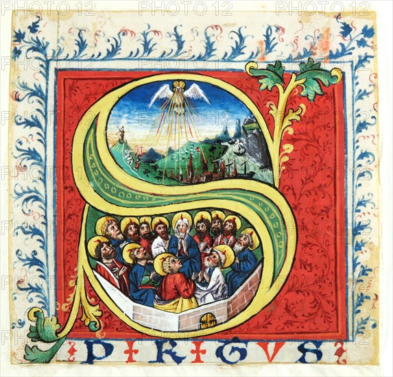 Initial S with the Pentecost, mid 15th c., Cover color on parchment, Spread over paper, sheet: 10.7 x 11.1 cm (largest mass) |, Image: 8.1 x 8.7 cm, At the lower edge in alternate red and blue majuscules the continuation of the text: [S] piritus, Anonym, Oberrhein (Basel?), 15. Jh.