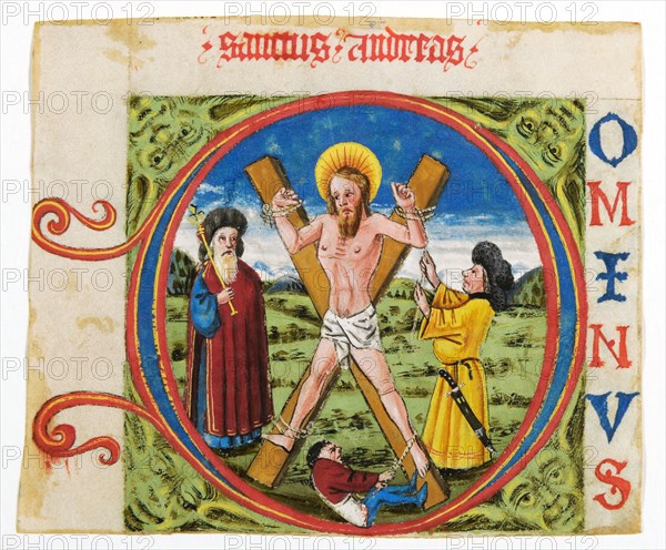 Initial D with the crucifixion of St. Andrew, mid 15th c., Cover color on parchment, verso: Latin text fragment, page: 8.9 x 10.8 cm (largest mass) |, Picture: about 7.6 x 7.9 cm, Anonym, Oberrhein, 15. Jh.