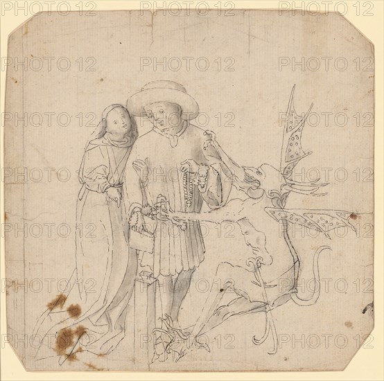 Dispenser at the sacrificial floor, standing between angel and devil (after Konrad Witz?), C. 1440/50, pen in black, gray wash, traces of chalk drawing (?), Sheet: 21.4 x 21.9 cm, unsigned, Anonym, Schweiz (Basel?), um 1440/50