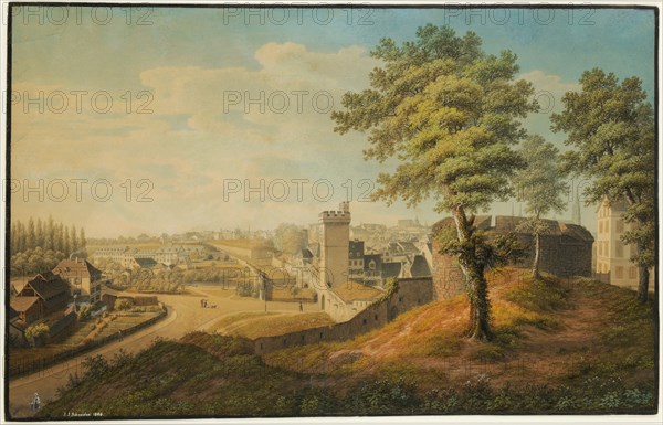 View from the Elisabethenschanze to the Rundbastion, to the Steinentor and the Steinenschanze in Basel, 1866, feather in gray, watercolor and cover color on paper, some gum arabic, mounted on paper, Rectangle border in black, leaf, image: 47 x 73.8 cm (largest mass), U.l., Signed and dated in white with pen: j., j, ., Cutter., 1866th, Johann Jakob Schneider, Diegten/Baselland 1822–1889 Basel