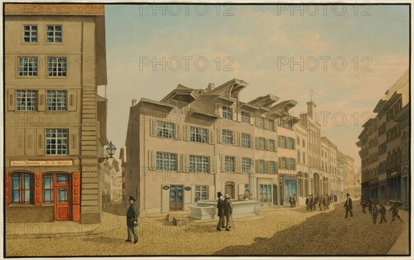 Stäblinsbrunnen (= Simson Fountain) and former housing complex on the grounds of the New Post Office building in Basel, pen in gray brown over pencil, watercolor and cover color on paper, Rectangle border in black, leaf: 34.6 x 55.3 cm (largest mass), Johann Jakob Schneider, Diegten/Baselland 1822–1889 Basel