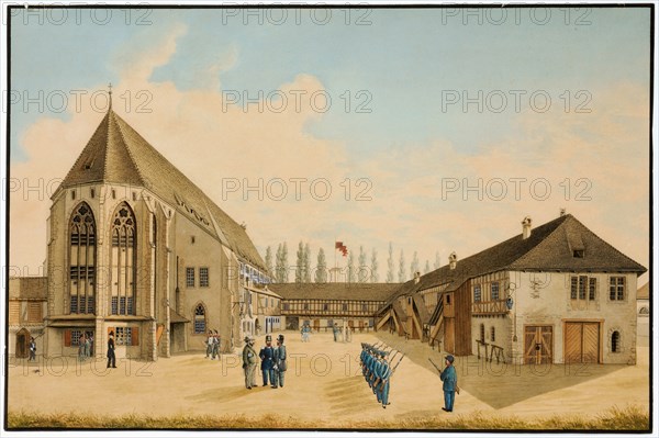 Barracks yard in the former monastery Klingental in Basel, feather in black over pencil, watercolor and cover color on paper, Rectangle border in black, leaf: 30.1 x 45.4 cm, Johann Jakob Schneider, Diegten/Baselland 1822–1889 Basel