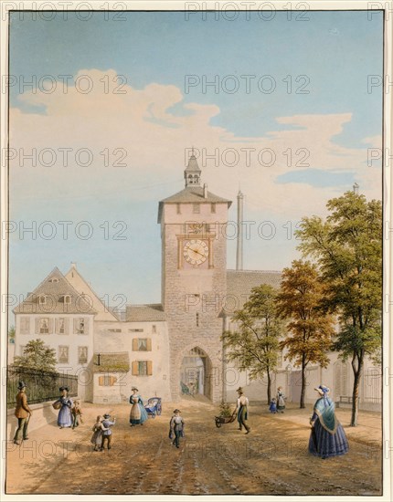 The Bläsitor seen in Kleinbasel from the Bläsistrasse (today: Klybeckstrasse), 1865, pen in gray, pencil watercolor and cover color on paper, Rectangular border in black, leaf: 37.2 x 29 cm (largest mass), U.r., monogrammed and dated with feather in brown-black: A.W., 1865, Anton Winterlin, Degerfelden/Baden 1805–1894 Basel