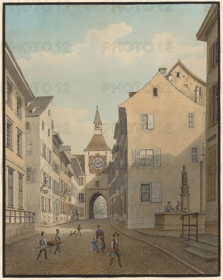 View from the Blumenrain to the St. Johanns Schwibbogen in Basel, pen in gray, brown and black, watercolor and cover color on paper, Rectangle border in black, leaf: 40.2 x 31.8 cm (largest mass), Anton Winterlin, Degerfelden/Baden 1805–1894 Basel