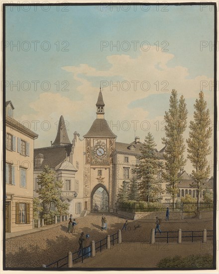 View over the Totentanz on the Seidenhof, the St. Johanns Schwibbogen and the Erimanshof in Basel, feather in gray brown and black, watercolor, body color and some gum arabic on paper, Rectangle border in black, leaf: 40.2 x 32.3 cm (largest mass), Anton Winterlin, Degerfelden/Baden 1805–1894 Basel