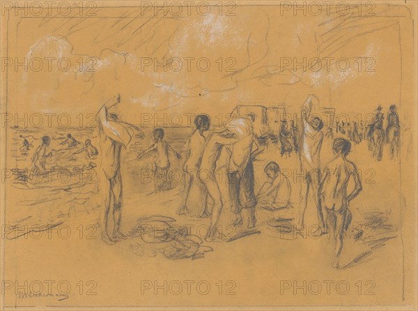 Bathers on the beach, 1904/1906, pencil, heightened in white, on yellowish paper, Rectangle border with pencil, sheet: 26.4 x 37.7 cm |, 18.3 x 25 cm, in the illustration u., l, ., signed in pencil: MLiebermann, Max Liebermann, Berlin 1847–1935 Berlin