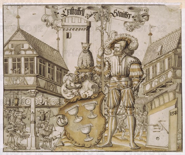 Broken glass with coat of arms Christoph Stauffer, in the background the stachelschützenhaus on Petersplatz in Basel, 1542, feather in black to gray brown, gray washed, in places light brown watercoloured, sheet: 34.8 x 42.3 cm, O. inscribed in center on a ribbon with pen in black, and dated: Cristoffell Stouffer 1542, u, ., r., dated: 1542, Anonym, Schweiz (Basel), 16. Jh., Balthasar Han, (Umkreis (?) / circle (?)), Basel 1505–1578 Basel