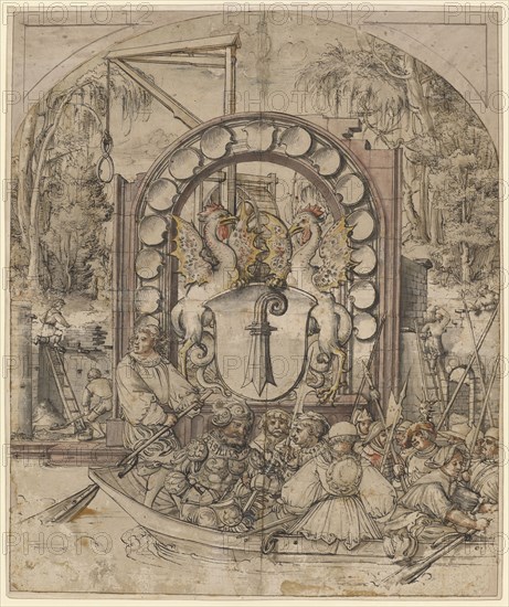 Design for a wall painting or a glass painting with the legendary founding of Basel, around 1517/18, feather in black, traces of a preliminary drawing with black pencil, gray washed, partly colored in watercolors, composed of two arches, cut out semicircular at the top along the contours, whole sheet, laminated and top added to the rectangle, page: 54.7 x 45.9 cm, inscribed on the breastplate of the skeleton: BASILIVS., Ambrosius Holbein, (Umkreis / circle), Augsburg um 1494 – um 1519 Basel (?), Hans Holbein d. J., (Umkreis / circle), Augsburg um 1497/98–1543 London