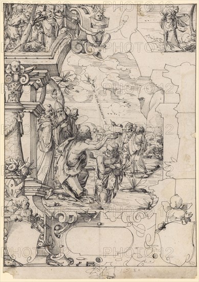 Slice tear with baptism of Christ, in the upper pictures sermon of John the Baptist and Christ as shepherd, including two blank escutcheons, 1580, pen in black, leaf: 40.7 x 28.8 cm, monogrammed and dated: CHSTM., with Swiss dagger] 1580, in the illustration: DIS IS MIN FVRGELIEBTER SVN., Christoph Murer, Zürich 1558–1614 Winterthur