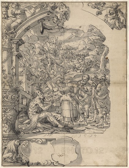Slice tear with the taunting of Job, in the upper corner pictures Fides and Caritas, below empty heraldic shield, 1594, pen in black, gray wash, sheet: 38.7 x 29.5 cm, U. on the ledge with brush in gray monogrammed and dated: HJP [lig, .] 1594, Hans Jakob Plepp, Biel um 1557/60 – 1597/98 wohl in Bern