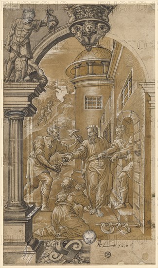 In the corner picture David beheaded Goliath, around 1545, feather in black, partly gray washed, heightened in white, in some places gray and light brown tinted paper, corrections with white, remains of a preliminary drawing with black pencil, lead lines, backed with, thin Japanese paper ???, sheet: 31.2 x 18.3 cm, not marked, David Joris (Jorisz.), Brügge (?) oder Gent 1501 (oder 1502) – 1556 Basel