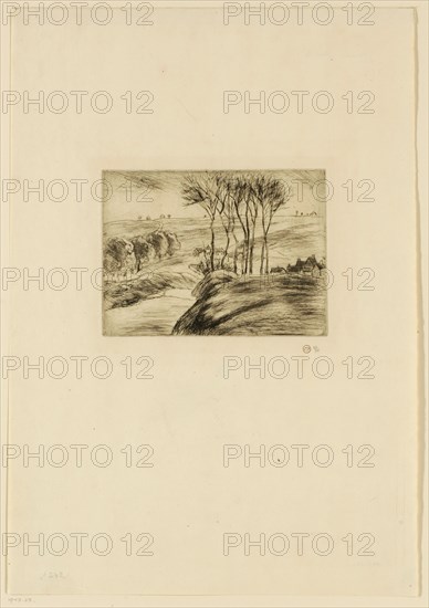 Paysage à Osny, (1887), etching and drypoint, reworked with polished steel, Deduction from 1920, 2nd condition (from 2), 50 ex. (10 on Japanese paper, 40 on Hollande), sheet: 40.4 x 28.2 cm |, Plate: 15.6 x 11.5 cm, R. under the stamp with monogram (Lugt 613f): CP, next numbered in pencil and limited: 21/50, Camille Pissarro, Charlotte Amalie, St.Thomas/Danish Virgin Island 1830–1903 Paris