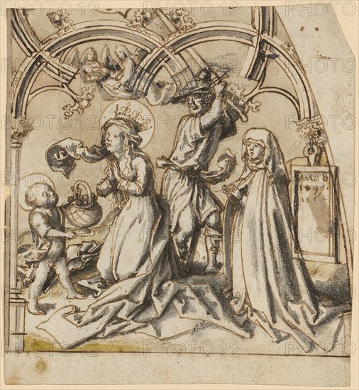 The decapitation of St. Dorothea, and donator, pen in brown, over traces of chalk outline, gray washed, ground green, background washed yellowish (faded), sheet: 12.6 x 11.6 cm, inscription on the board: ano d 1499, Hans Holbein d. Ä., Augsburg um 1460/65–1524