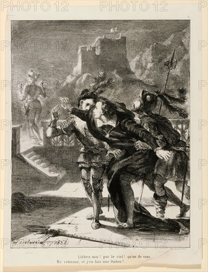 Hamlet veut suivre l'ombre de son père (William Shakespeare, Hamlet, Actes I, Scène IV), 1835, chalk lithograph, 3rd condition (from 4), sheet: 29.4 x 22.5 cm |, Picture: 25.8 x 20.3 cm, in the stone u.l., signed and dated: Eug., Delacroix., 1835th, Eugène Delacroix, Charenton-Saint-Maurice/Val-de-Marne 1798–1863 Champrosay bei Paris