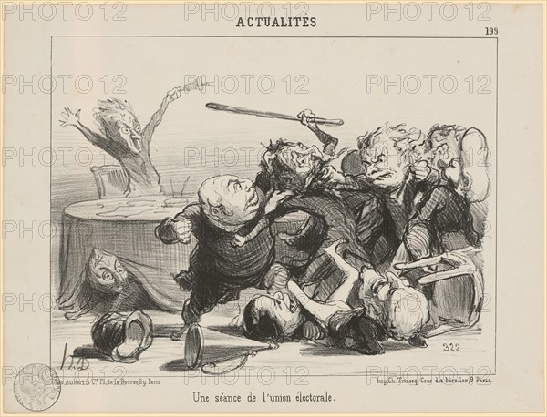 Une séance de l'union électorale, 1851, chalk lithograph, 2nd condition (from 3), sheet: 25.6 x 33.9 cm |, Image: 21.4 x 27.9 cm, Im Stein u.l., monogrammed: h.D ., u.r., numbered: 322, Honoré Daumier, Marseille 1808–1879 Valmondois/Seine-et-Oise