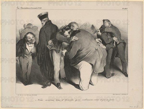 Nous sommes tous d'honnêtes gens, embrassons-nous, et que ça finisse, 1834, chalk lithograph, mounted on half board, 2nd condition (from 2), sheet: 27.5 x 36.8 cm |, Image: 21.9 x 29 cm, Honoré Daumier, Marseille 1808–1879 Valmondois/Seine-et-Oise