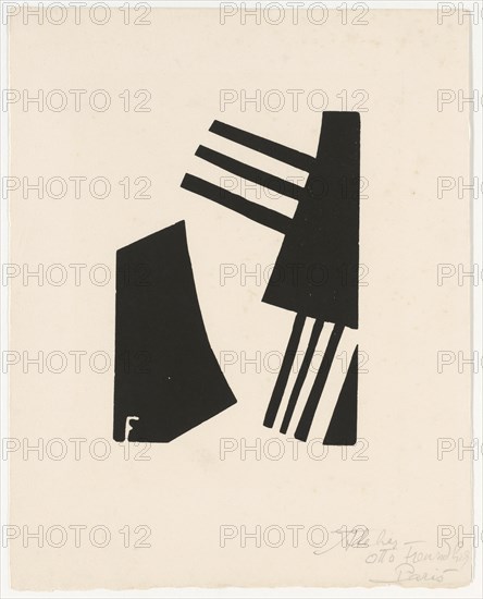 Composition, c. 1938, woodcut, sheet: 28.4 x 22.2 cm |, Picture: 16.2 x 11.7 cm, U. l., signed in the illustration: F, u, ., r., inscribed and signed in pencil: Atelier, Otto Freundlich, Paris, inscribed on the back in pencil: Aaron (?), par Otto Freundlich, Paris, Otto Freundlich, Stolp/Pommern (heute Slupsk) 1878–1943 bei Lublin (Maidanek)