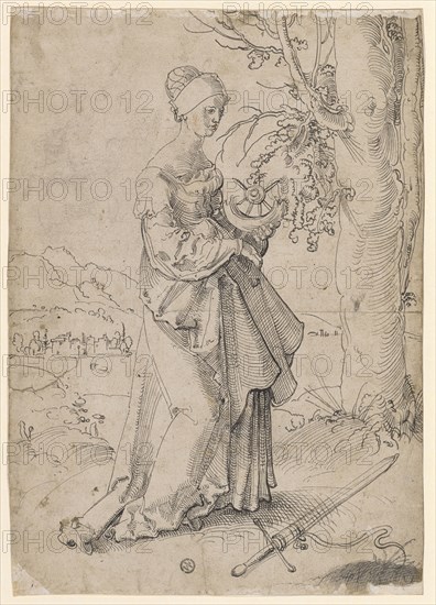 St. Catherine in landscape, around 1506, pen and brush in black, o. L., Traces of charcoal or chalk drawing, some traces of red chalk on the face, page: 30.2 x 21 cm, unmarked, Hans Schäufelein, (?), um 1480–1539/40 Nördlingen