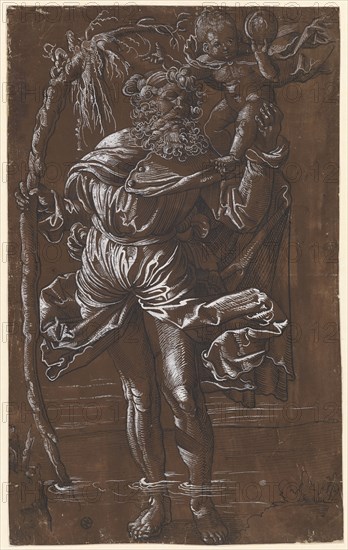 The hl., Christophorus, feather in black, heightened in white, on dark brown primed paper, folia: 33.2 x 20.6 cm, unmarked, Hans Baldung gen. Grien, (Nachfolger / follower), Schwäbisch Gmünd (?) 1484/85–1545 Strassburg