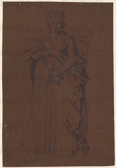 The hl., Barbara with the goblet, pen and brush in black and gray, partly washed, on dark brown primed paper, sheet: 31, 30.5 x 21 cm, unmarked, Hans Baldung gen. Grien, (Umkreis / circle), Schwäbisch Gmünd (?) 1484/85–1545 Strassburg