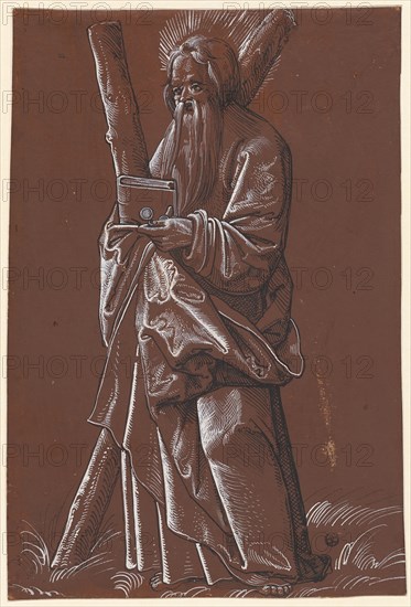The apostle Andrew, feather in black, heightened with white, on brown-primed paper, page: 30.7 x 20.7 cm, Unmarked, Hans Baldung gen. Grien, (Umkreis / circle), Schwäbisch Gmünd (?) 1484/85–1545 Strassburg