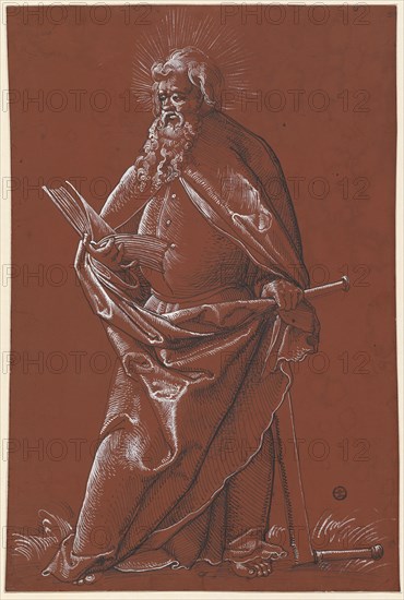 The apostle Simon, feather in black, heightened with white, on brown-primed paper, page: 30.9 x 20.9 cm, Unmarked, Hans Baldung gen. Grien, (Umkreis / circle), Schwäbisch Gmünd (?) 1484/85–1545 Strassburg