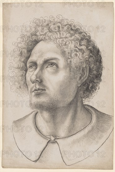 Head of a staring man with curly hair, black chalk, wiped in places, Sheet: 32.5, 33 x 22.1 cm, Unmarked, Hans Baldung gen. Grien, (Werkstatt / workshop), Schwäbisch Gmünd (?) 1484/85–1545 Strassburg