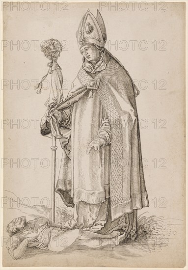 St. Valentin in the episcopal gown, feather in black, folia: 32.1 x 22.3 cm, unsigned, Anonym, Oberrhein (sog. Pseudo-Leu)