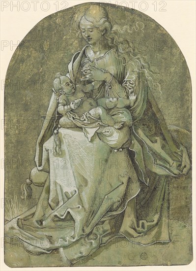 Mary with Child on the grassy bench, feather in black, greyish-green washed, heightened in white, on green primed paper, sheet: 26.4 x 18.8 cm (with a semicircular cut above), U. r., monogrammed: GH [or GI?], Hans Baldung gen. Grien, (Werkstatt / workshop), Schwäbisch Gmünd (?) 1484/85–1545 Strassburg, Monogrammist GH