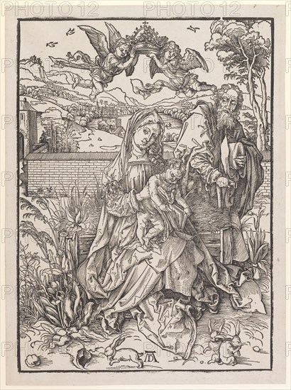 The Holy Family with the three rabbits, c. 1498, woodcut, landscape cropped, image: 39.8 x 28.7 cm |, Sheet: 42.4 x 31.4 cm, U. Monogrammed: AD, Albrecht Dürer, Nürnberg 1471–1528 Nürnberg