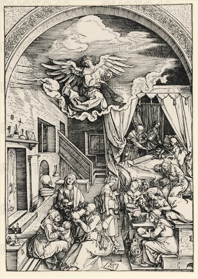 The Birth of Mary, c. 1503, woodcut, in front of the text b, page: 29.8 x 20.9 cm, U. M. monogrammed on the writing tablet: AD, Albrecht Dürer, Nürnberg 1471–1528 Nürnberg