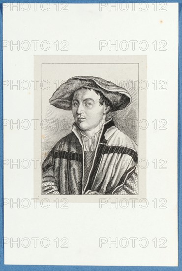 Selfportrait Hans Holbein d., J. (after the early Basler so-called self portrait with the red beret), around 1857, pen lithograph, mounted on base paper, mounted in adhesive tape, sheet: 11.7 x 9 cm, Hieronymus Hess, Zeichner, Basel 1799–1850 Basel, J. Seul, Drucker
