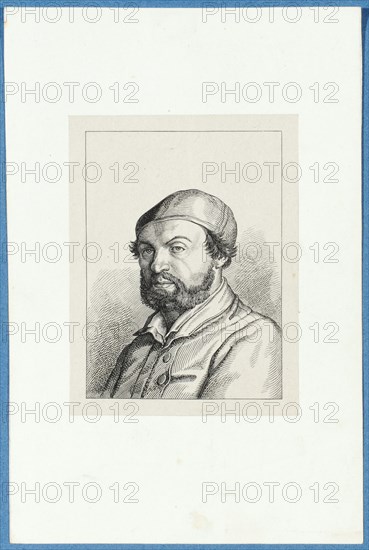 Selfportrait Hans Holbein d., J. (after the later self-portrait in the Uffizi), around 1857, pen lithograph, mounted on base paper, mounted in adhesive tape, sheet: 11.7 x 9 cm, Hieronymus Hess, Zeichner, Basel 1799–1850 Basel, J. Seul, Drucker