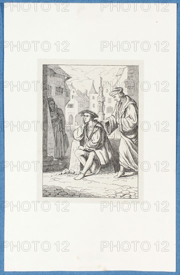 The musing Holbein is surprised by Erasmus, around 1857, pen lithograph, mounted on pad paper, mounted in adhesive tape, sheet: 11.7 x 9 cm, Hieronymus Hess, Zeichner, Basel 1799–1850 Basel, J. Seul, Drucker