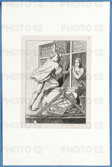 The beloved Holbein at the window of Maria, c. 1857, pen lithograph, mounted on base paper, mounted in adhesive tape, sheet: 11.7 x 9 cm, Hieronymus Hess, Zeichner, Basel 1799–1850 Basel, J. Seul, Drucker