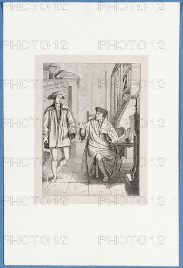 The desperate Holbein in the room of Erasmus, c. 1857, pen lithograph, mounted on base paper, mounted in adhesive tape, sheet: 11.7 x 9 cm, Hieronymus Hess, Zeichner, Basel 1799–1850 Basel, J. Seul, Drucker