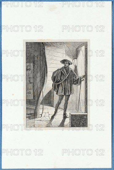 Holbein leaves home in Basel, around 1857, pen lithograph, mounted on base paper, mounted in adhesive tape, sheet: 11.7 x 9 cm, Hieronymus Hess, Zeichner, Basel 1799–1850 Basel, J. Seul, Drucker