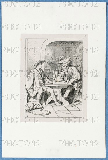 Holbein meets a countryman in the tavern, around 1857, pen lithograph, mounted on base paper, mounted in adhesive tape, sheet: 11.7 x 9 cm, Hieronymus Hess, Zeichner, Basel 1799–1850 Basel, J. Seul, Drucker